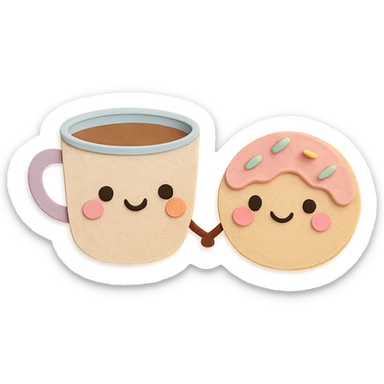 cute coffee cup and donut holding hands, blushing cheeks, soft pastel kawaii style, transparent background sticker