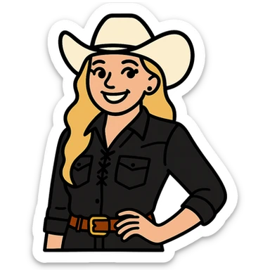 Make the cowgirl's skin lighter, hair lighter blonde, give her rounder cheeks, a big smile, longer eyelashes, and a black lace shirt. Keep the background transparent. sticker