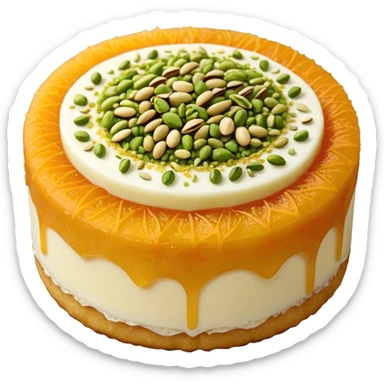 A small round emoji of traditional kanafeh with golden-orange crispy threads, a gooey white cheese center, and a light sprinkle of green pistachios. Warm and delicious-looking. sticker
