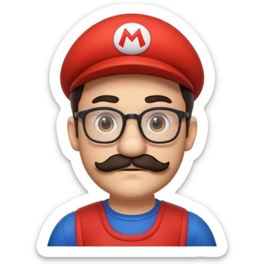 person with glasses, short dark hair, mustache and beard, dressed as Mario from Super Mario sticker