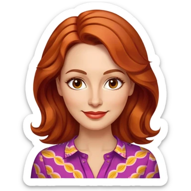 Woman in her 40s with elongated face, soft features, prominent cheekbones, friendly warm smile, medium almond-shaped brown eyes, defined eyebrows, straight nose, medium lips, vibrant red wavy hair, wearing a colorful blouse sticker