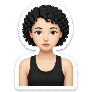 a white woman with short tomboy curly black hair wearing men's black tank top sticker
