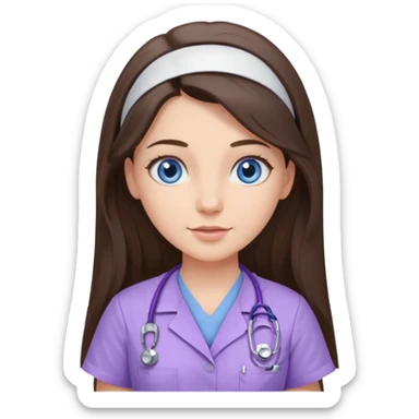 pretty brunette nurse with long hair and blue eyes in lilac scrubs sticker