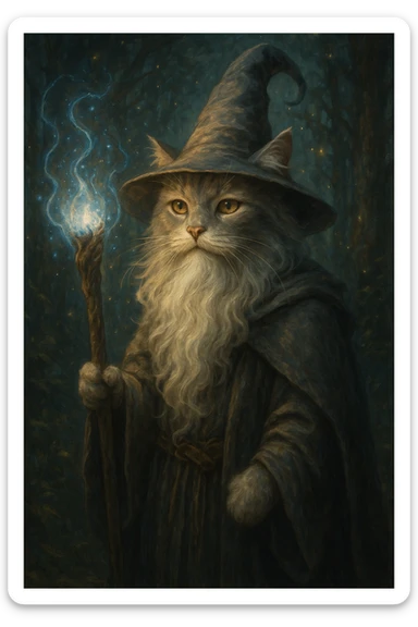cat in the style of Gandalf, wearing a wizard hat and holding a staff, magical fantasy style sticker