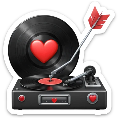 A black vinyl record with a red heart with and arrow through it on it on a record player  sticker