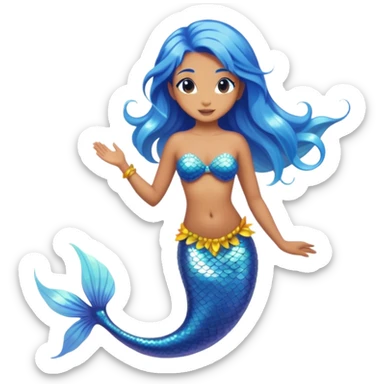 Cinematic Realistic Blue Hair Mermaid Portrait, depicted with lifelike, sun-kissed tanned skin that exudes a warm, radiant glow under gentle underwater lighting. Her intricately detailed, flowing blue hair cascades like a waterfall of ocean hues, framing deep, mesmerizing eyes that capture the vibrant spirit of the sea. Adorned with a shimmering tail and delicate tropical accents, the portrait features an enchanting underwater glow that blends realism with mythic coastal allure. sticker