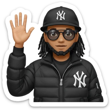 African American man with shoulder length black dreadlocks and black sunglasses wearing a black New York Yankees baseball hat with a North Face brand bubble winter coat with hands raised sticker