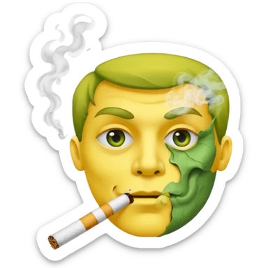 Hazme una carita amarilla aturdida con un cigarro en la boca soltando humo, el cigarro es de papel de liar y dentro está relleno de un tabaco verde sticker