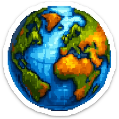 Add more 3D depth and shading to this pixel art globe icon, enhance highlights and shadows, keep background transparent, maintain pixel art style with enhanced 3D effect and lighting. sticker