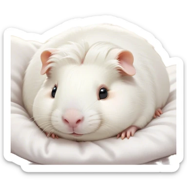 Meme-Worthy Cute Sleeping White Guinea Pig Portrait Emoji, Head resting peacefully with a contented smile, showcasing a delightfully chubby build and a luxuriously soft pure white fur, eyes shut in a serene, cozy nap, Simplified yet hilariously adorable features, highly detailed, glowing with a soft, drowsy light, high shine, relaxed and utterly lovable, stylized with an air of playful laziness, bright and heartwarming, soft glowing outline, capturing the essence of a comically sleepy guinea pig, so meme-worthy it feels like it could instantly become the next viral sensation of adorable slumber! sticker