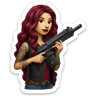 Beautiful tattooed burgundy long haired woman with a gun sticker