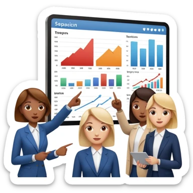 group of people pointing at a digital presentation screnn full of charts and graphs sticker