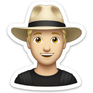 Smirking white man with short blond hair wearing a black Panama hat, and a black adidas long sleeve sweater sticker