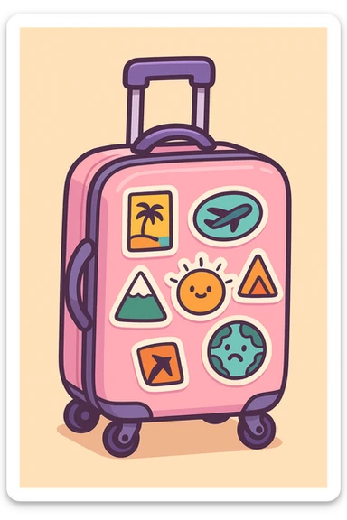 pink and purple rolling suitcase with unique travel stickers, thick line art, flat pastel colors, graphic shadows and highlights, white sticker outline, cute cartoon style, variation 4 sticker