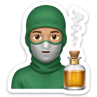 Um homem pele morena com balaclava Baforando lança perfume num vidro mais fino e com tampa verde sticker