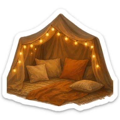 cozy blanket fort with string lights, inviting sticker