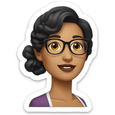 Una mujer de 36 años, piel morena clara, lentes de color blancos, cabello negro ondulado largo, ojos negros, color de labios rosado sticker