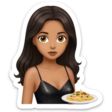 Beautiful woman in 1950’s woman fashion look, black shimmery dress, long dark brown hair, Carbonara sticker