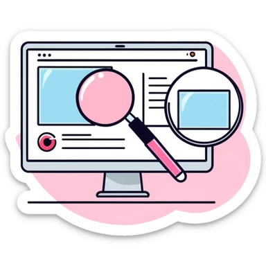 Pink Web browser on a computer with a magnifying glass
 sticker