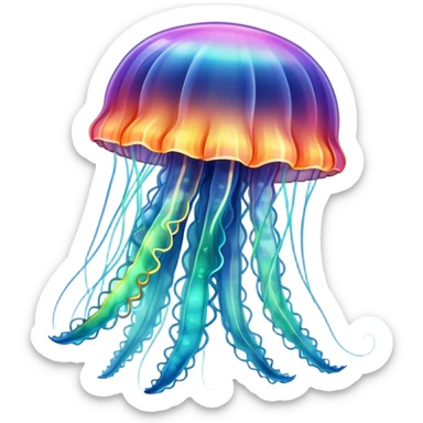 A jellyfish in multicolored hues drifts through the sea, glowing like a living rainbow sticker