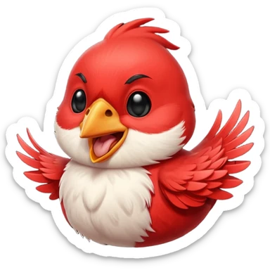 Chibi red male cardinal laughing with eyes closed and beak wide open, soft glowing cheeks, cozy cartoon emoji. sticker