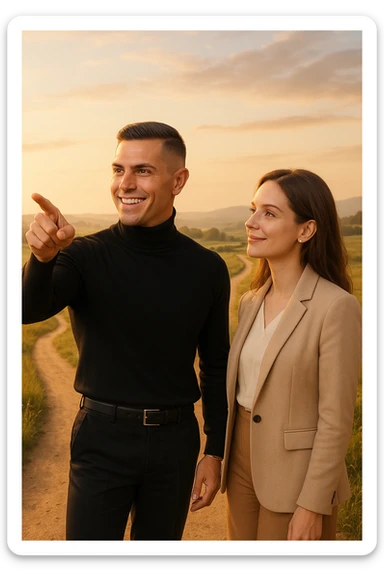 a man stands confidently at a crossroads, pointing toward a clear path ahead. Beside him, a woman looks at him con fiducia e serenità, pronta a seguirlo. Entrambi sono ben vestiti e sorridenti, immersi in un paesaggio luminoso che simboleggia nuove opportunità e un viaggio condiviso. sticker