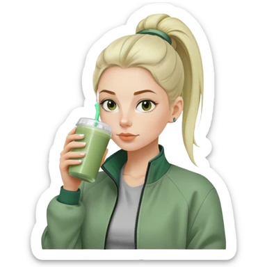 Swedish girl with sage green jacket drinking pre workout shake middle part slick back bun sticker
