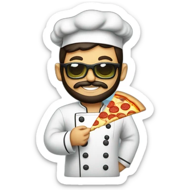 Dark haired chef with beard and big dark glasses holding a slice of pizza sticker