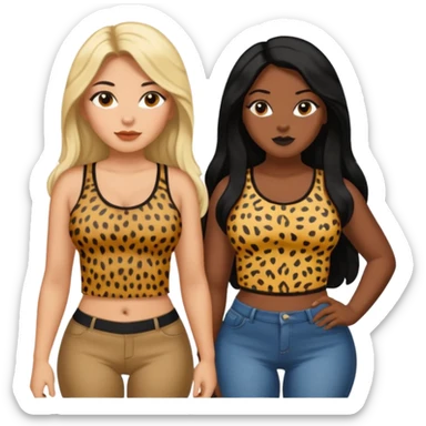 Tan Latina woman with long black hair chubby and black dark skinned woman with long blonde hair slim thick in cheetah top sexy sticker