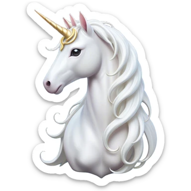 Cinematic Noble White Unicorn Portrait Emoji, Poised and regal, with a slender, ethereal form draped in a pristine white color, a flowing mane and tail, and a glistening, spiraled horn that radiates pure light, Simplified yet sharp and sophisticated features, highly detailed, glowing with a soft, iridescent luminescence, high shine, intelligent and transcendent, stylized with an air of mythical enchantment, focused and serene, soft glowing outline, capturing the essence of a watchful and confident white unicorn that appears ready to prance out of the screen with magical grace! sticker