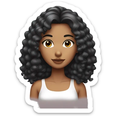 tanned skin girl with black curly medium length hair with eyelashes and a white top  sticker