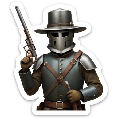 Cinematic Realistic Ned Kelly Portrait Emoji, depicted as the legendary Australian bushranger in his iconic homemade iron helmet and armor, gripping a revolver with a defiant stance. The scene is rendered with gritty textures and dramatic, shadowed lighting, evoking the lawless frontier and his rebellious, fearless legacy. sticker