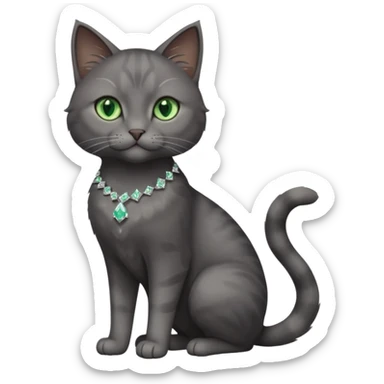 full body view of beautiful female dark grey cat with green eyes, white toes and white diamond on chest sticker