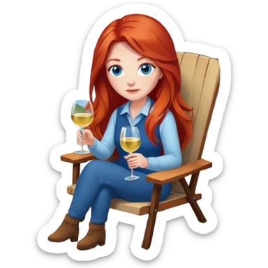Laughing woman with long red hair and blue eyes holding white wine sitting in chair beside campfire sticker