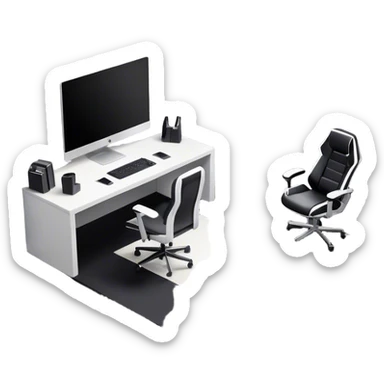 An isometric 3D room with two walls that meet at the back left and right. The floor is made of gray wood. The room is decorated in a modern black and white style. In front of the window is a wide desk with a large monitor and an open laptop, with a black gaming chair next to it. sticker