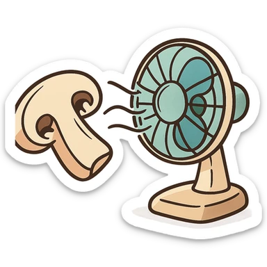 a cartoon style illustration of a sliced mushroom in front of a blowing fan with air movement lines sticker