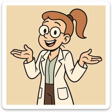 scientist woman shrugging, ponytail, lab coat, cheerful, cartoon style sticker