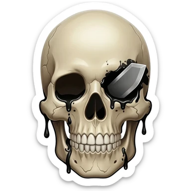 generate a skull with a knife in its head and black blood sticker