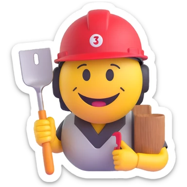3D smiley emoji, round shape, mason helmet with trowel, smiling face sticker