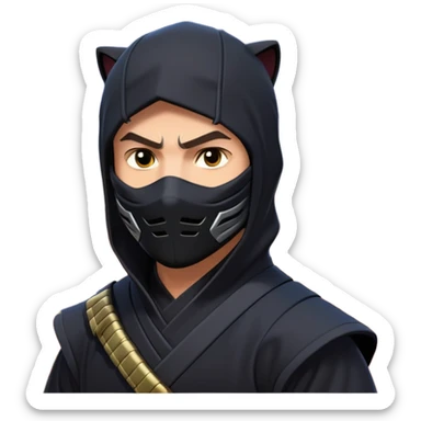 clash-of-clans-aesthetic_-cinematic-mysterious-male-ninja-portrait-emoji, rendered in a flat, vector-style with minimal shading and bold, simplified shapes, with a head slightly turned revealing intense, focused eyes. Next to him is an agile trained panther tiger with glossy fur moving silently through shadowed urban rooftops and moonlit alleyways. sticker