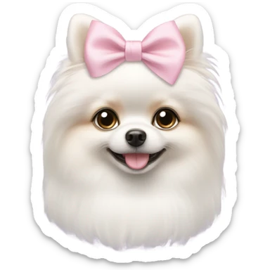 A white little Pomeranian with a cute little light pink bow on her hair sticker