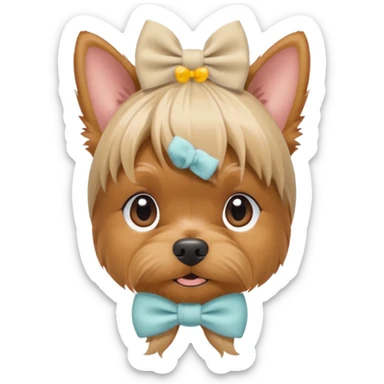 a Yorkshire Terrier face with a ponytail on head tied with a soft beige bow. Cute expression, flat design, pastel colors sticker