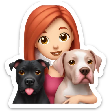 Girl with red hair kissing big black pitbull dog, pink hearts sticker