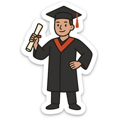 flat toon style successful graduate student, cap and gown, diploma, confident pose sticker