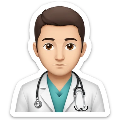 A detailed emoji-style illustration of Habib Nurmagomedov wearing a doctor's white coat, stethoscope around his neck, with a confident and serious expression, in a minimalist and clean design, suitable for messaging apps. sticker