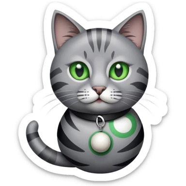 A grey cat with black stripes green eyes and a caller that says Ziggy and the cat is playing with a ball sticker