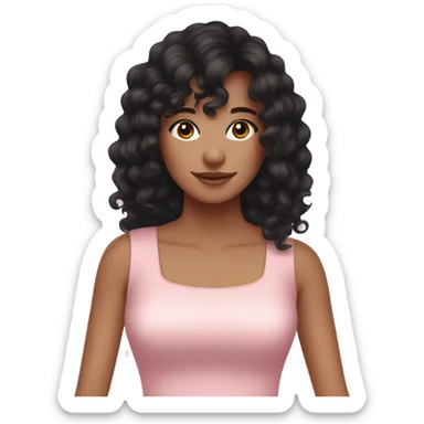 Fair skinned woman with long black curly hair and bangs and dark brown eyes, wearing a pastel pink dress sticker