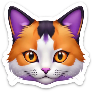 Cat tricolor with a black spot in her face and a violet collar sticker