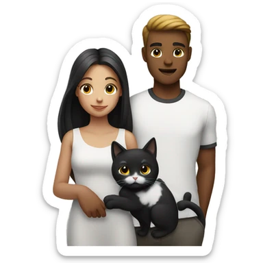 A guy and a girl are standing next to each other and holding a black and white cat in their arms sticker