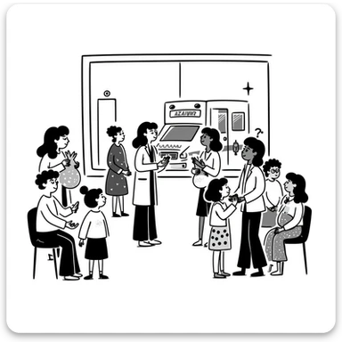 An NHS Doctor Surgery with nurses, children, pregnant women, vaccinations and a window with an ambulance outside sticker